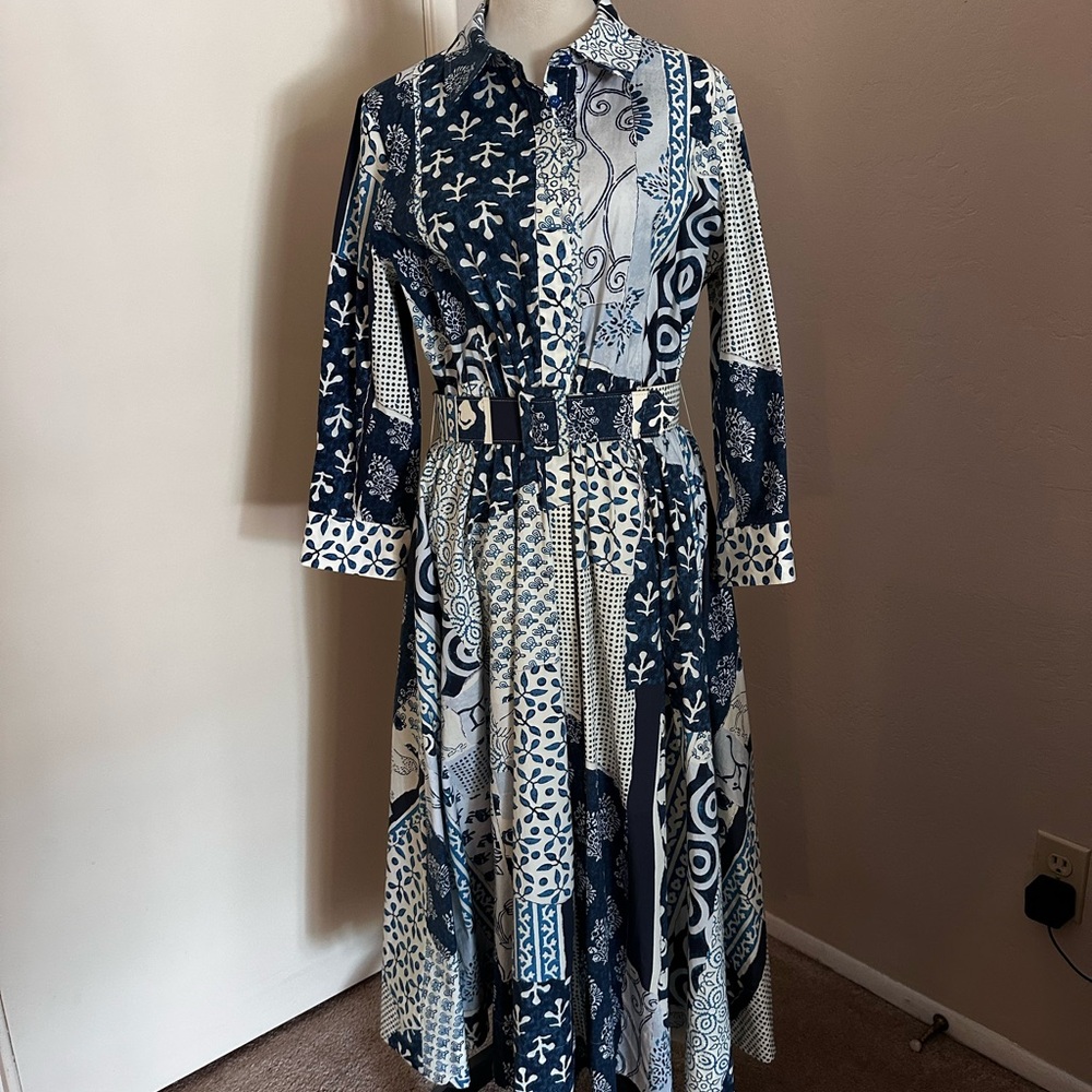 Oscar de la Renta Chic Long Sleeve Patchwork Shirt Dress